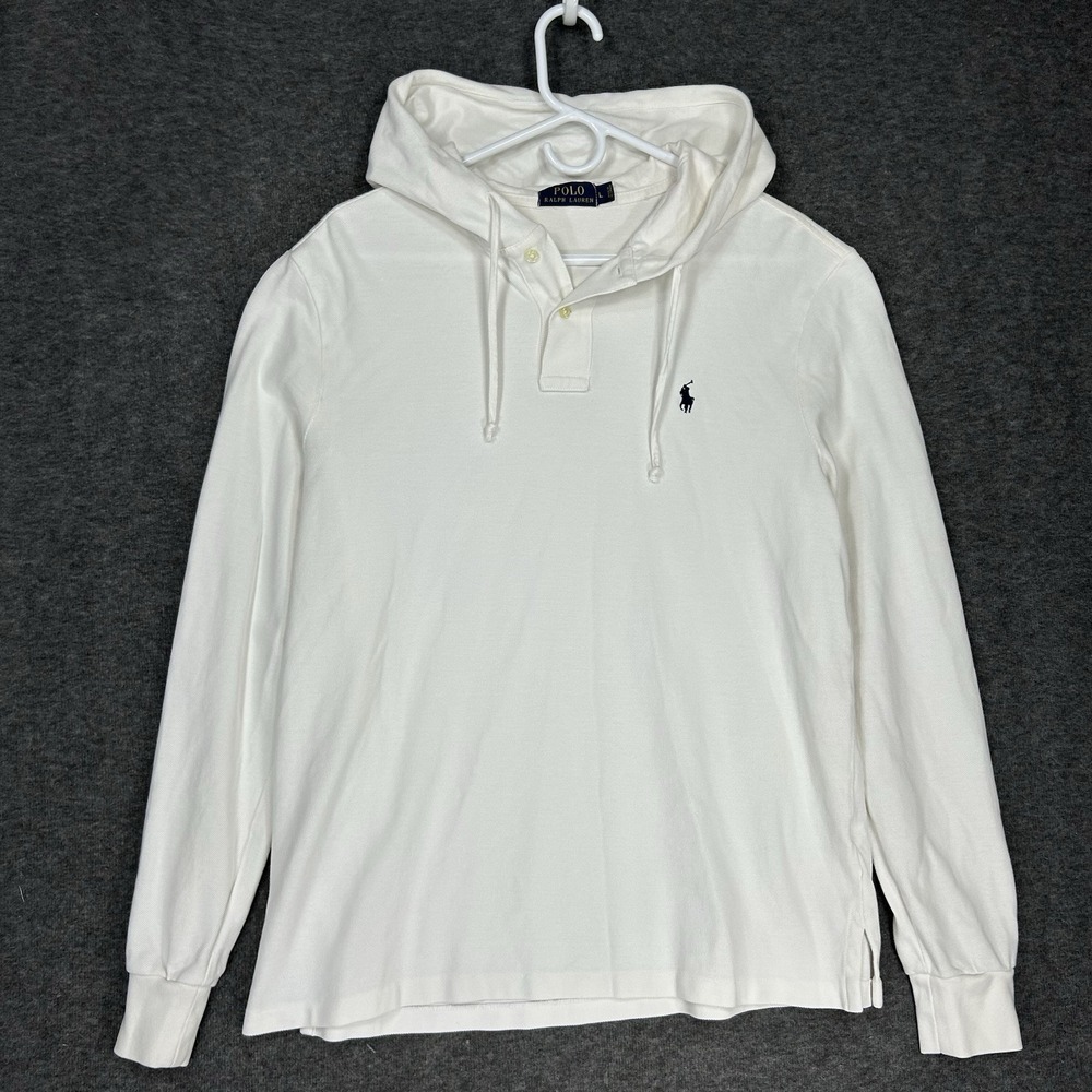 Polo Ralph‎ Lauren Hoodie Men's L White Solid Long Sleeve Knit Preppy Henley